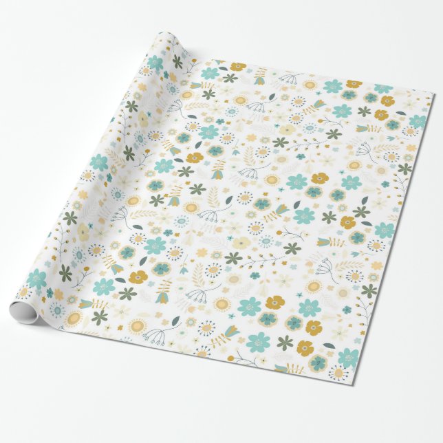 Mint Blue Yellow Chic Floral Birthday Wrapping Paper (Unrolled)