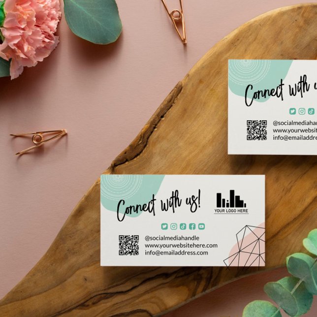 Mint Blush Connect With Us Social Media QR Code Business Card (Creator Uploaded)