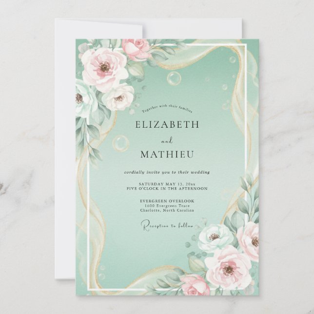 Mint Blush Floral Wedding Invitation (Front)