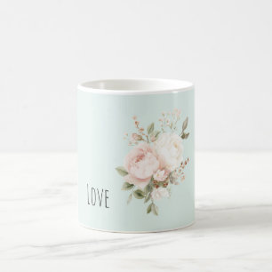 Mint Blush Pink White Rose Flowers Coffee Mug