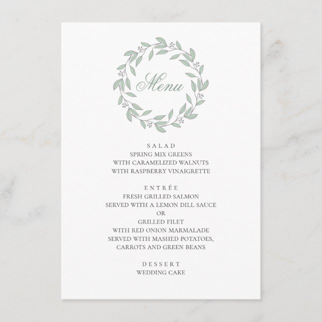 Mint botanical wedding. Elegant simple foliage Menu (Front)