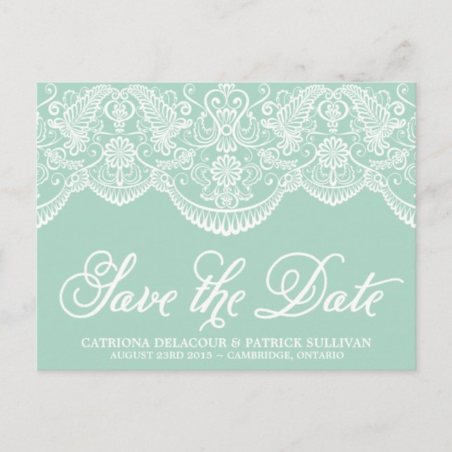 Mint Brocade Lace Save the Date Postcard (Front)