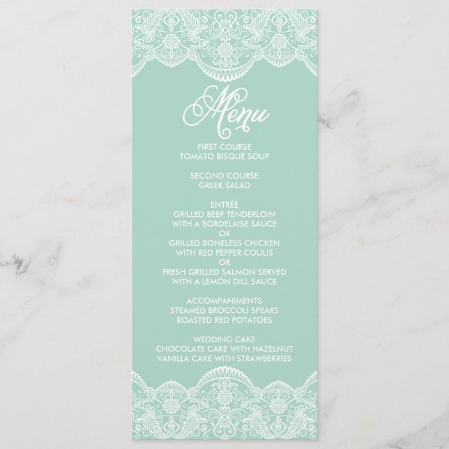 Mint Brocade Lace Wedding Menu Card (Front)