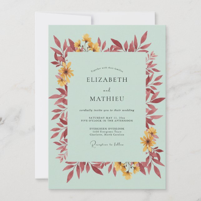 Mint Burgundy Leafy Wedding Invitation (Front)