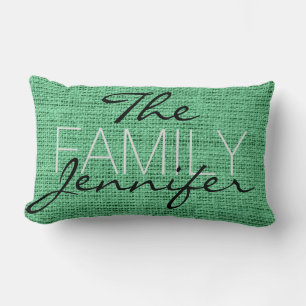Mint Burlap Rustic Linen Monogram Lumbar Pillow