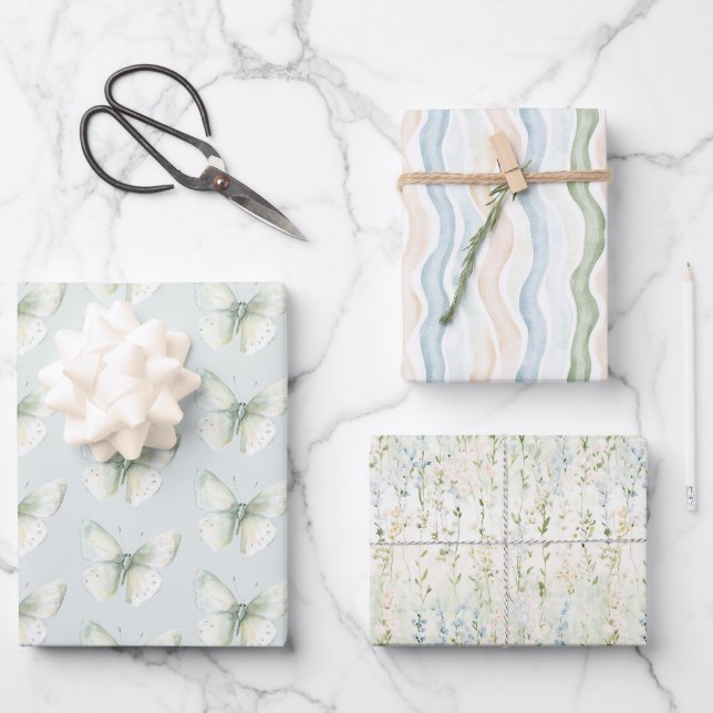 Mint Butterflies Birthday Wrapping Paper Sheet (Front)