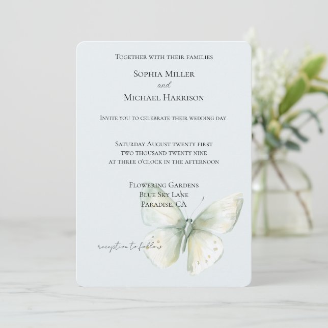 Mint Butterfly Wedding Invitation (Standing Front)