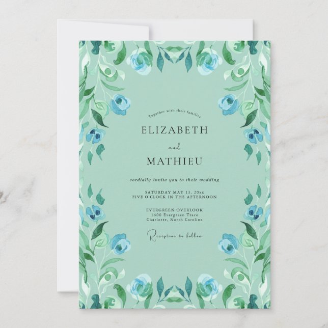 Mint Cerulean Greenery Wedding Invitation (Front)