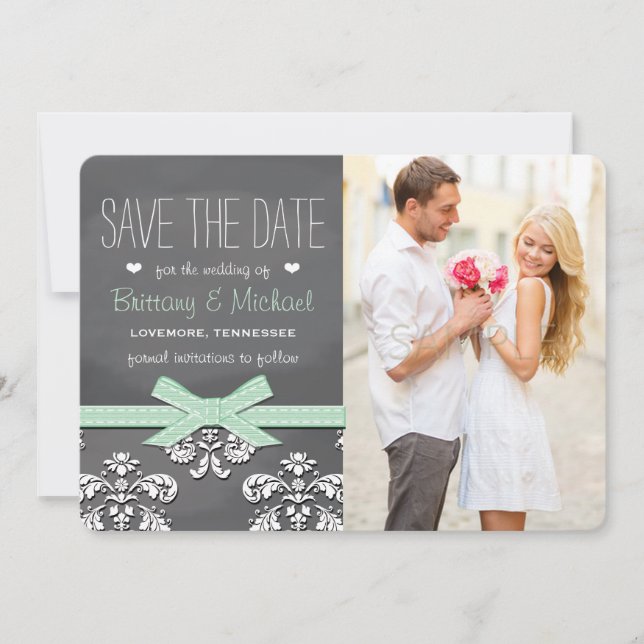 Mint Chalkboard Lace and Bow Save the Date Card (Front)