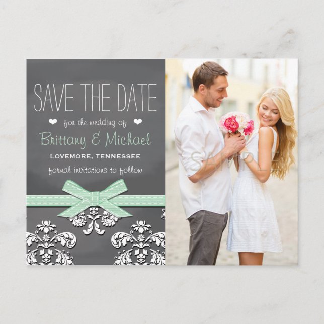 Mint Chalkboard Lace Bow Save the Date Postcard (Front)