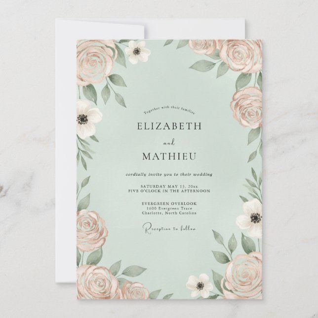 Mint Champagne Anemone Wedding Invitation (Front)