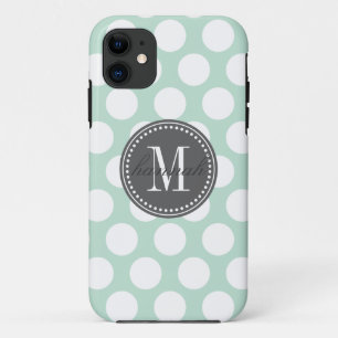 Mint & Charcoal   Big Polka Dots Monogrammed iPhone 11 Case