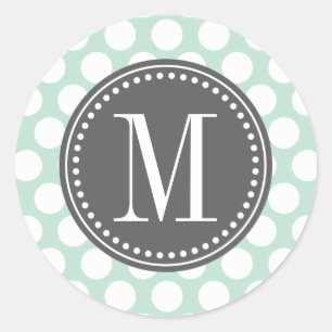 Mint & Charcoal Big Polka Dots Monogrammed Classic Round Sticker