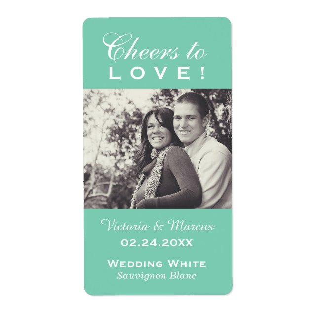 Mint Cheers to Love Wedding Photo Wine Bottle (Front)