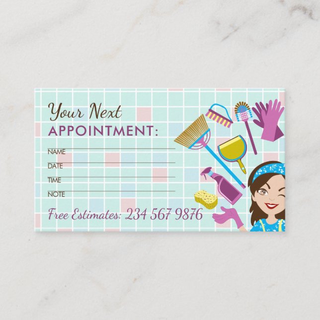 Mint Chequered House Cleaning Next Appointment Card (Front)