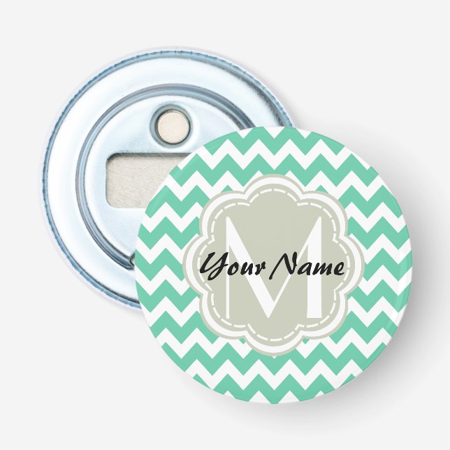Mint Chevron Custom Monogram, Personalized Name Bottle Opener (Front)