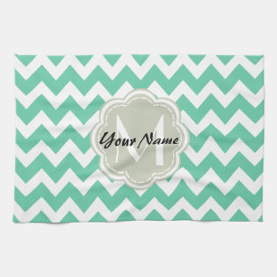 Mint Chevron Custom Monogram, Personalized Name Kitchen Towel