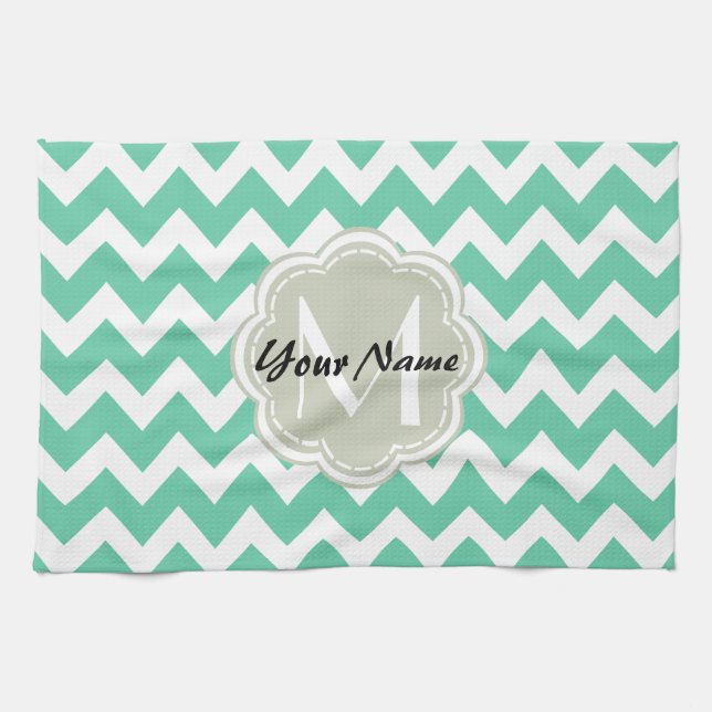 Mint Chevron Custom Monogram, Personalized Name Kitchen Towel (Horizontal)