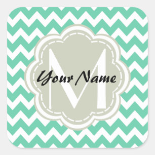 Mint Chevron Custom Monogram, Personalized Name Square Sticker