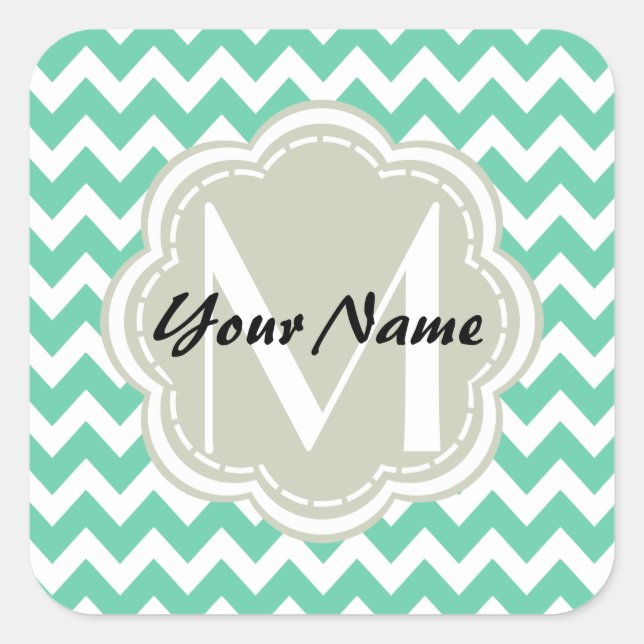 Mint Chevron Custom Monogram, Personalized Name Square Sticker (Front)