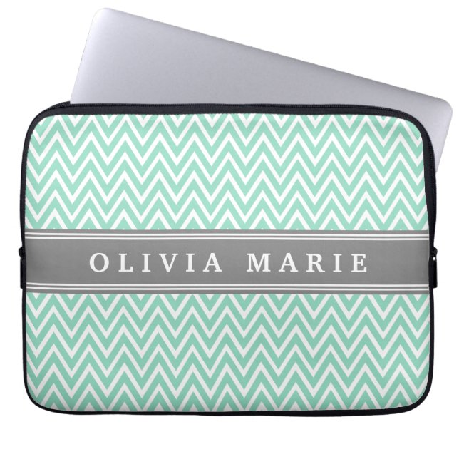 Mint Chevron Grey Name Template Laptop Sleeve (Front)
