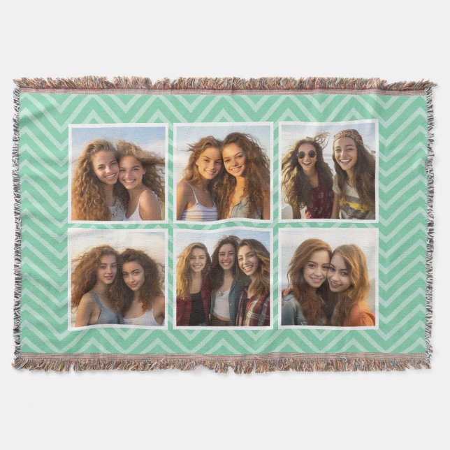 Mint Chevron Pattern Pastel Trendy 6 Photo Collage Throw Blanket (Front)