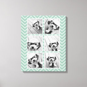 Mint Chevron Pattern with Trendy 6 Photo Collage Canvas Print