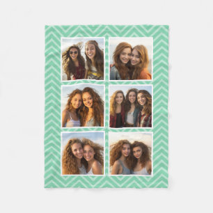 Mint Chevron Pattern with Trendy 6 Photo Collage Fleece Blanket