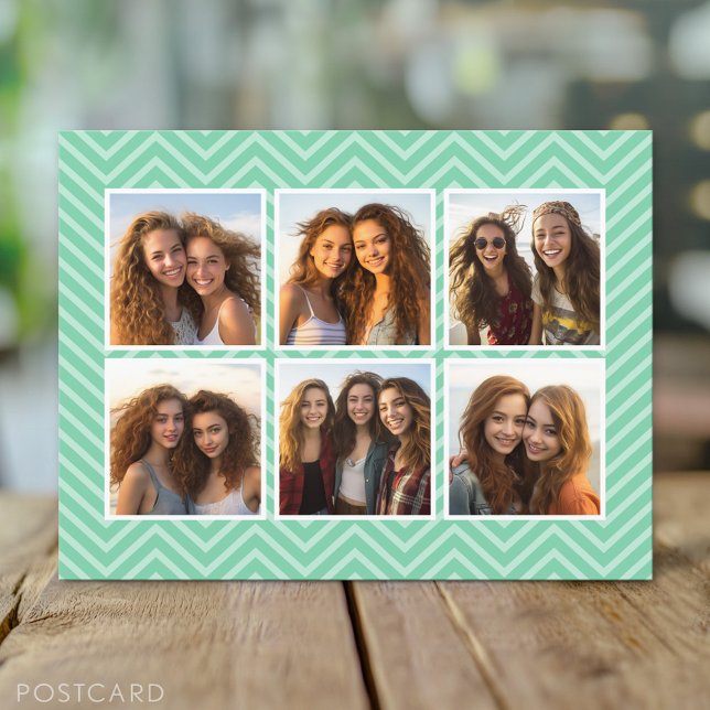 Mint Chevron Pattern with Trendy 6 Photo Collage Postcard (Custom Personalized Photo Collage Postcard)