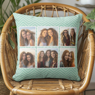 Mint Chevron Pattern with Trendy 6 Photo Collage Throw Pillow