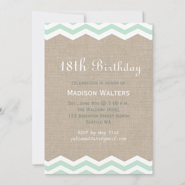 Mint Chevrons on Burlap Birthday Invitation (Front)