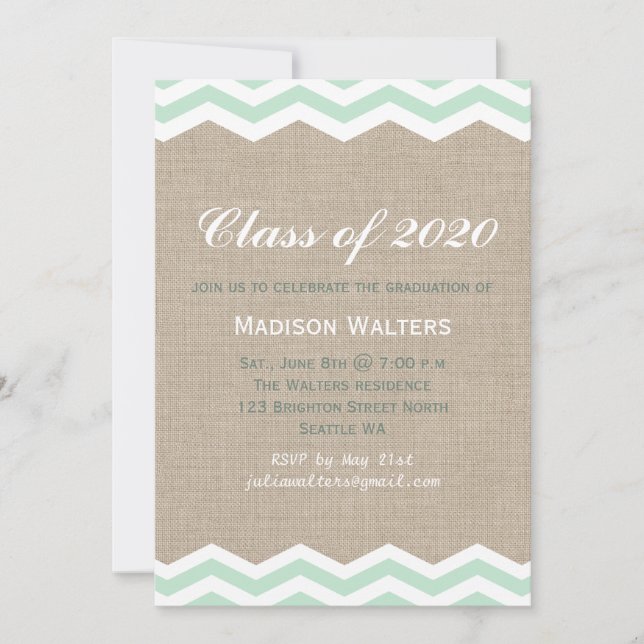 Mint Chevrons on Burlap Graduation Invitation (Front)