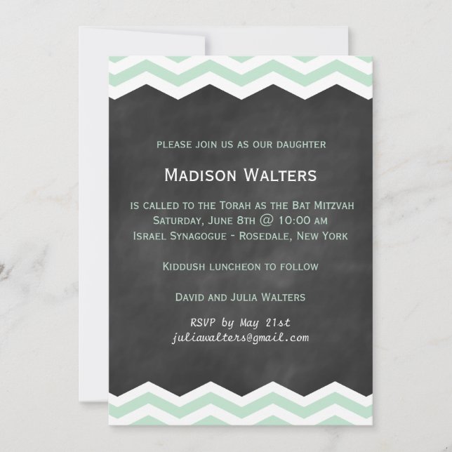 Mint Chevrons on Chalkboard Bat Mitzvah Invitation (Front)