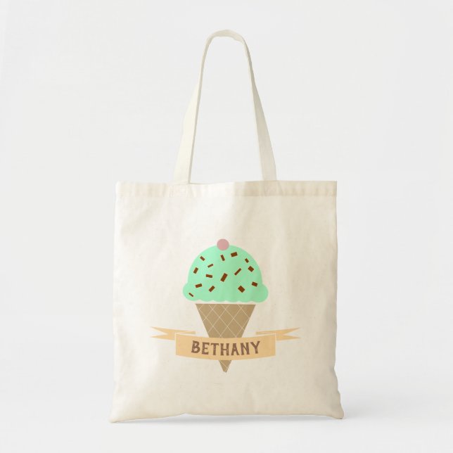 Mint Choc Chip Ice Cream Cone Personalised Tote Bag (Front)