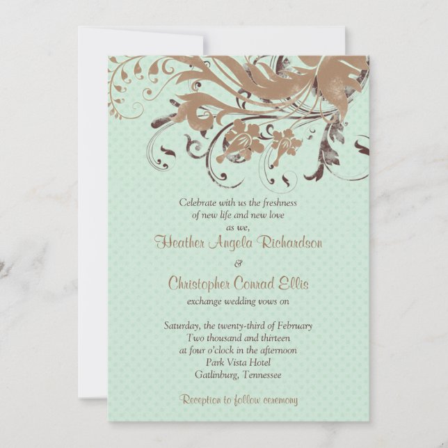 Mint Chocolate Brown Vintage Floral Wedding Invitation (Front)
