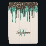 Mint Chocolate Ice Cream Glitter Drips Monogram iPad Pro Cover<br><div class="desc">This fun design features a top border of dripping faux glitter in ice cream colours: mint green and chocolate brown. Personalize it with her name in matching chocolate brown handwriting script and her initial in mint green serif font on an ivory background.</div>