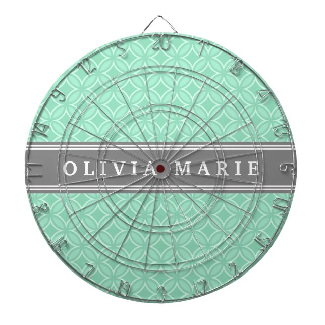 Mint Circular Pattern Grey White Name Dartboard (Front)