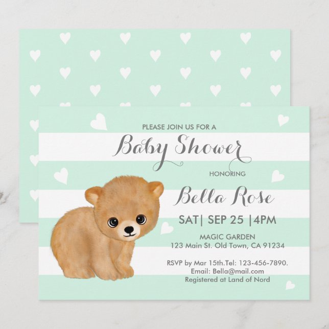 Mint Coeur ours bébé douche Invitations (Devant / Derrière)