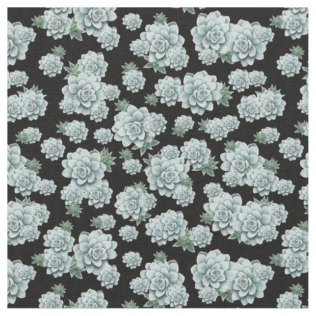 Mint Colour Succulents Repeat Pattern on Black Fabric (Close Up)