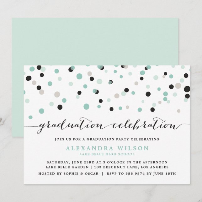 Mint Confetti Dots Graduation Party Invitation (Devant / Derrière)