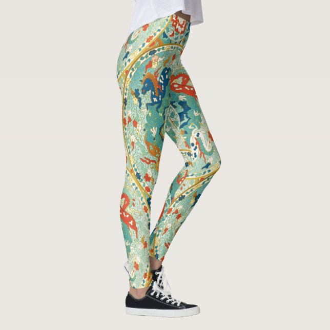 Mint Coral and Blue Horse and Floral Pattern Leggings (Right)