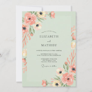 Mint Coral Anemone Wedding Invitation