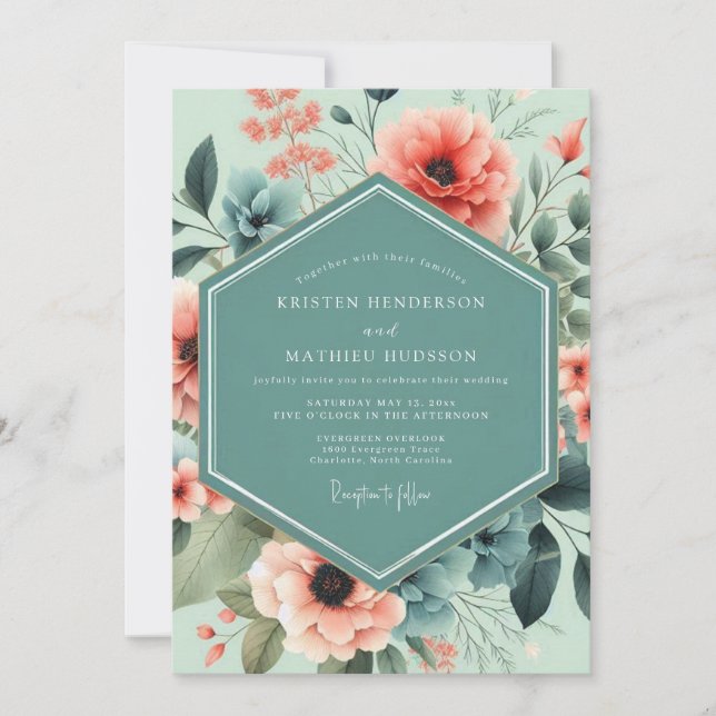 Mint Coral Artistic Bloom Wedding Invitation (Front)
