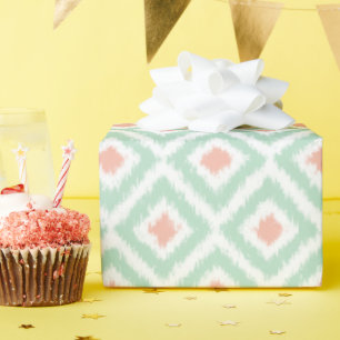 Mint Coral Diamonds Ikat Pattern Wrapping Paper
