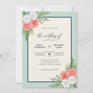 Mint Coral Fern Wedding Invitation