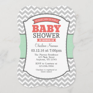 Mint Coral Grey Chevron Baby Shower Invitation