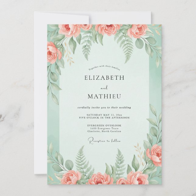 Mint Coral Peony Wedding Invitation (Front)