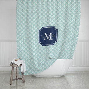 Mint Coral Reef Pattern and Blue Monogram