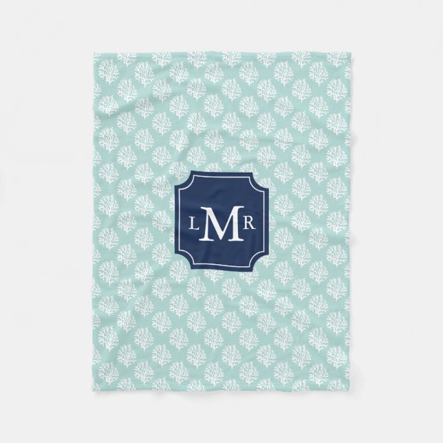 Mint Coral Reef Pattern and Blue Monogram Fleece Blanket (Front)