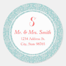 Mint Coral Round Damask Address Label Sticker
